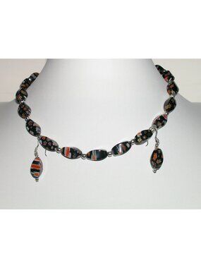 Millefiori Glass Bead Necklace With Silver Tone Accents & Adjustable Clasp